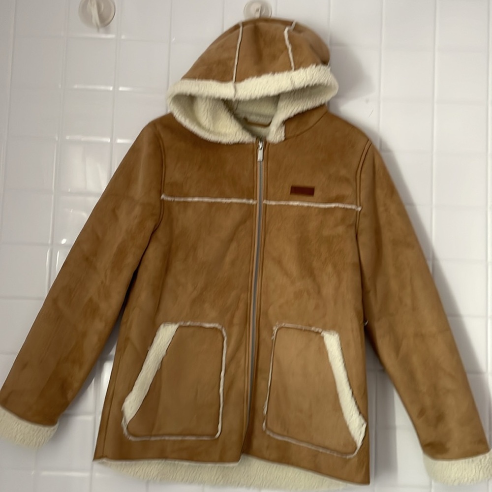 Koolaburra by UGG, color khaki hoodie jacket, size 14-16. Made with faux fur